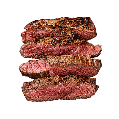 Four slices of grilled steak arranged vertically, showing a medium rare interior with charred grill marks
