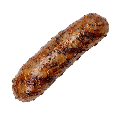 A single grilled sausage with a glossy browned surface and visible black pepper speck