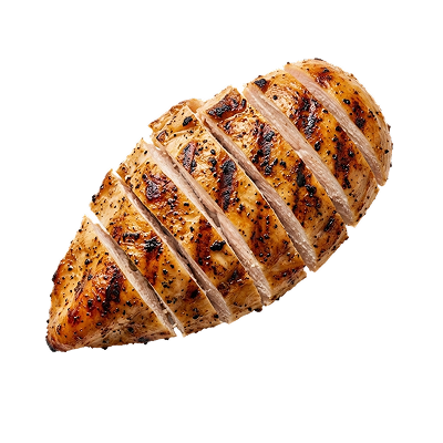 A grilled chicken breast sliced into strips showing grill marks, on a white background.