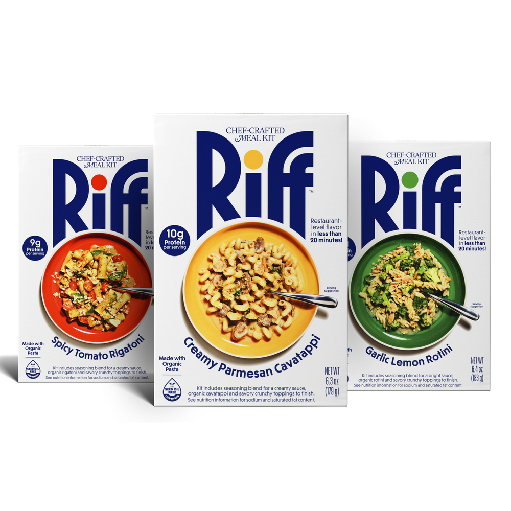 Three Riff chef-crafted meal kit boxes standing side by side: Spicy Tomato Rigatoni, Creamy Parmesan Cavatappi, and Garlic Lemon Rotini, each displaying its plated pasta dish on the front.