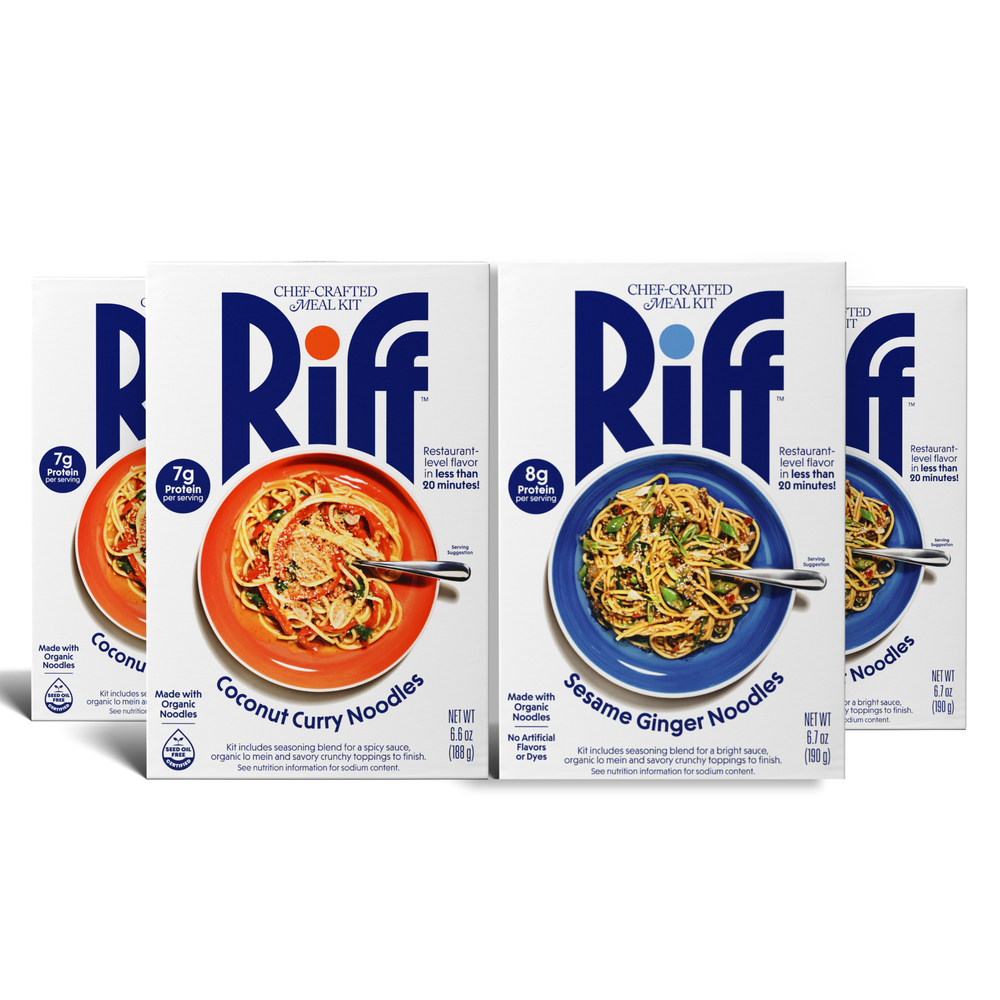 Four Riff chef-crafted meal kit boxes shown close up: two boxes of Coconut Curry Noodles and two boxes of Sesame Ginger Noodles, each displaying its plated pasta dish on the front.