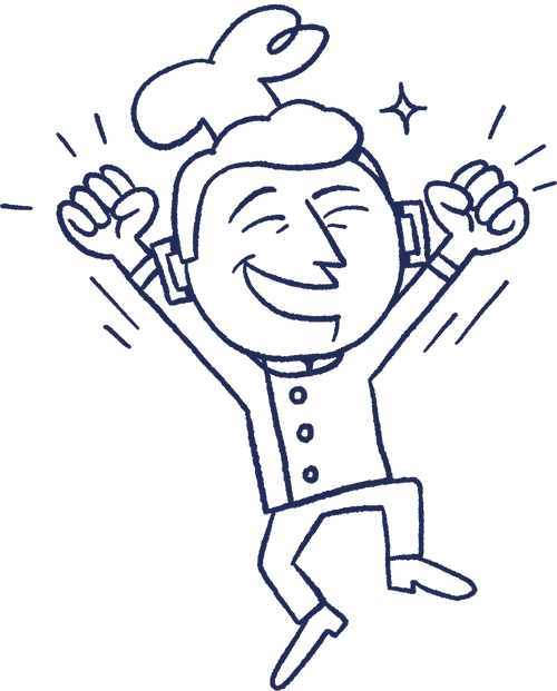 Hand-drawn illustration of a cartoon chef character wearing a chef's hat, jumping in the air with both arms raised and a big smile, with small sparkle and motion marks around him.