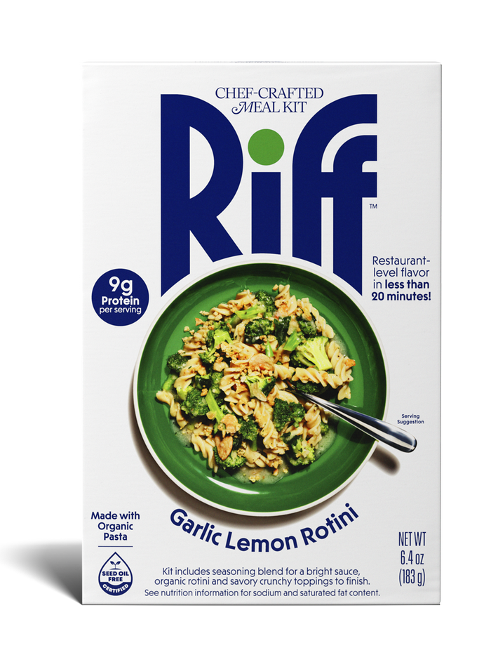 A box of Riff Garlic Lemon Rotini chef-crafted meal kit, featuring a white box with navy branding and a photo of the prepared pasta dish with broccoli on a green plate on the front.