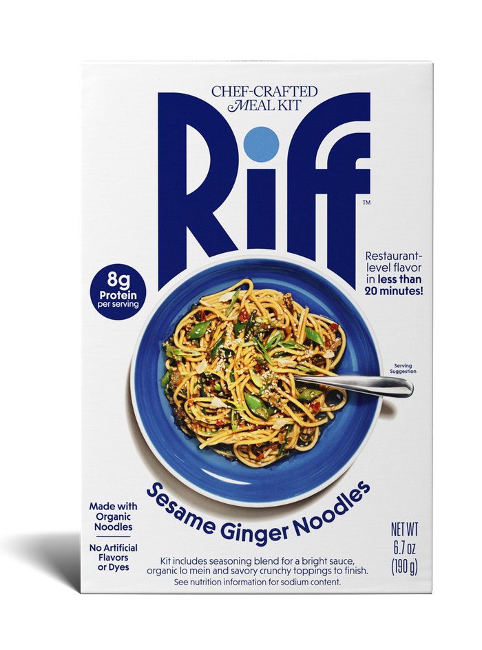 A box of Riff Sesame Ginger Noodles chef-crafted meal kit, featuring a white box with navy branding and a photo of the prepared noodle dish on a blue plate on the front.