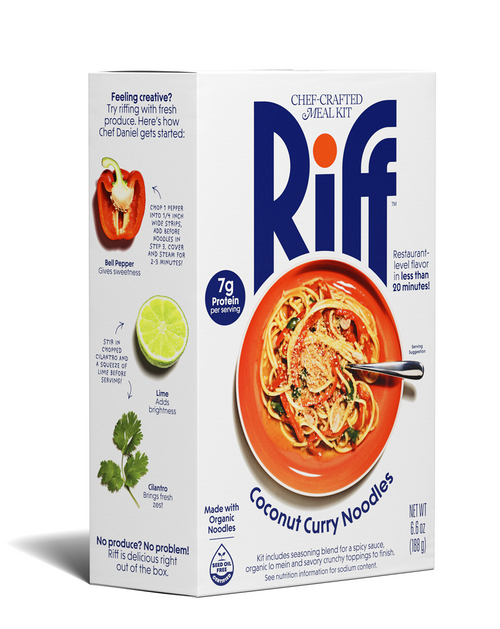 Angled view of a Riff Coconut Curry Noodles box side panel, showing steps to add fresh bell pepper, lime, and cilantro.