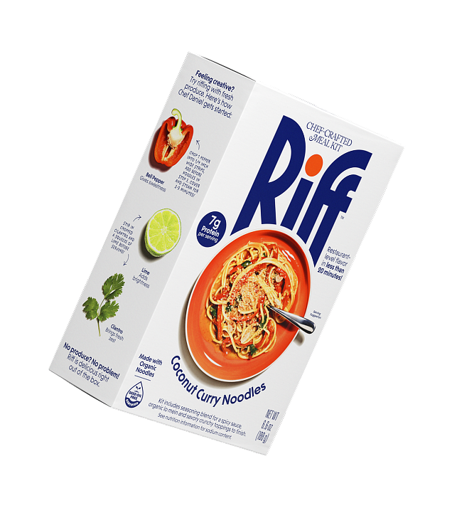A Riff Coconut Curry Noodles chef-crafted meal kit box shown at an angle, revealing both the front plated-dish photo and the side panel with fresh bell pepper, lime, and cilantro riffing suggestions.