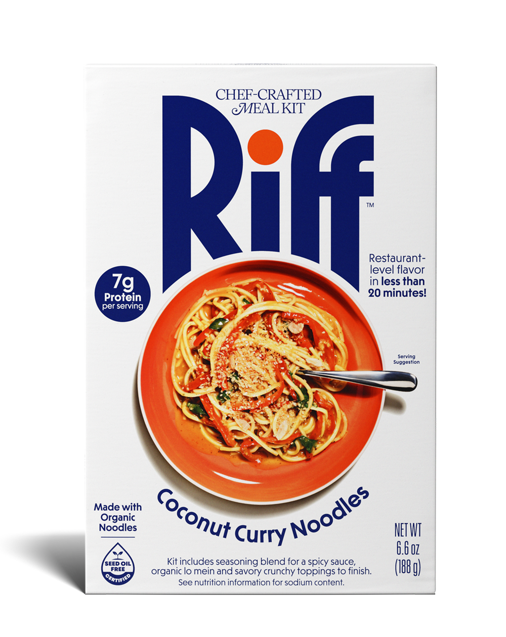 Front of a Riff Coconut Curry Noodles chef-crafted meal kit box, showing an orange bowl of coconut curry noodles with a spoon.