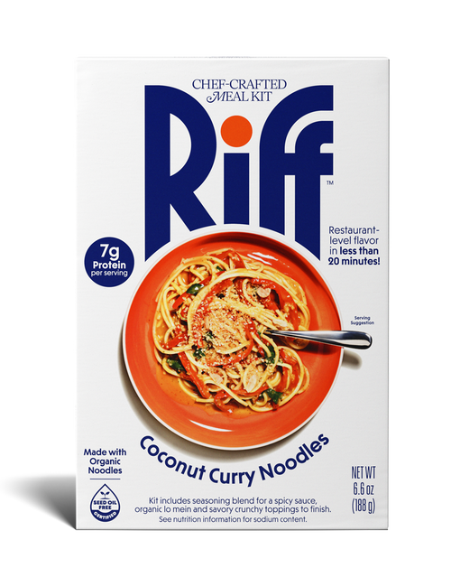 Front of a Riff Coconut Curry Noodles chef-crafted meal kit box, showing an orange bowl of coconut curry noodles with a spoon.