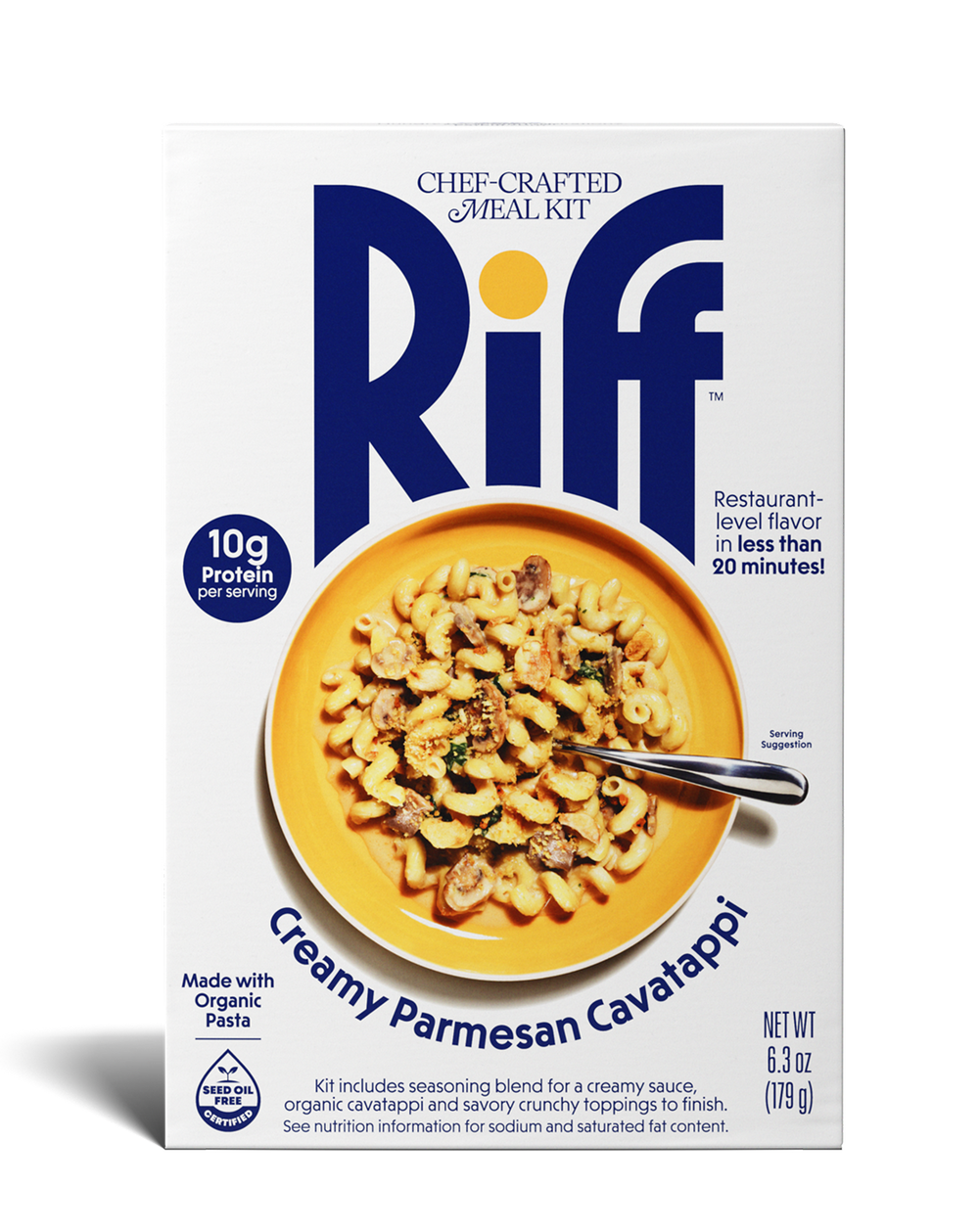 Front of a Riff Creamy Parmesan Cavatappi chef-crafted meal kit box shown straight-on, featuring a yellow bowl of creamy cavatappi pasta with mushrooms and herbs and a spoon resting in the dish.