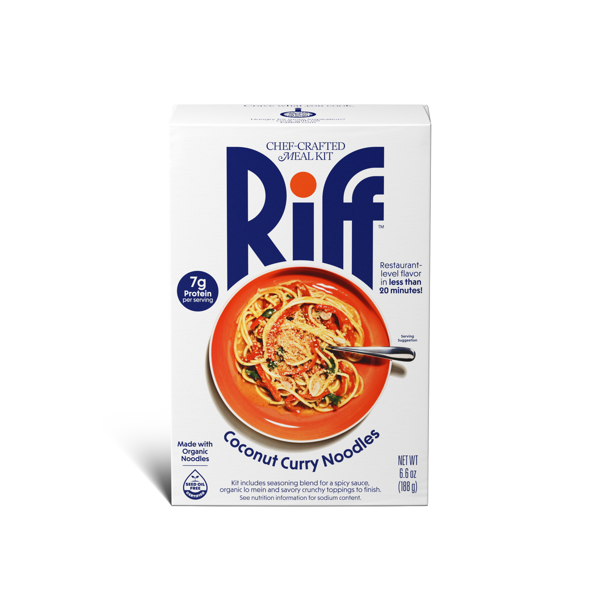 Front of a Riff Coconut Curry Noodles chef-crafted meal kit box, featuring an orange plate of noodles tossed in sauce with a fork.