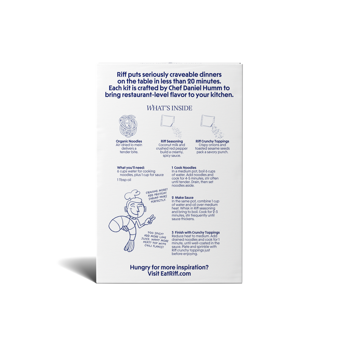 Back of a Riff Coconut Curry Noodles chef-crafted meal kit box describing the brand, a "What's Inside" section covering the organic noodles, coconut curry seasoning, and crunchy toppings, cooking instructions, and a hand-drawn illustration of a chef holding a shrimp.