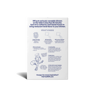 Back of a Riff Coconut Curry Noodles chef-crafted meal kit box describing the brand, a "What's Inside" section covering the organic noodles, coconut curry seasoning, and crunchy toppings, cooking instructions, and a hand-drawn illustration of a chef holding a shrimp.