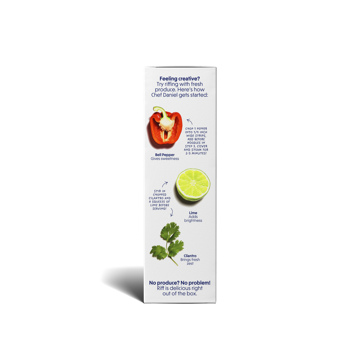 Side panel of a Riff Coconut Curry Noodles chef-crafted meal kit box with hand-drawn illustrations of bell pepper, lime, and cilantro, each labeled with the flavor it adds, under the heading "Feeling creative? Try riffing with fresh produce. Here's how Chef Daniel gets started."