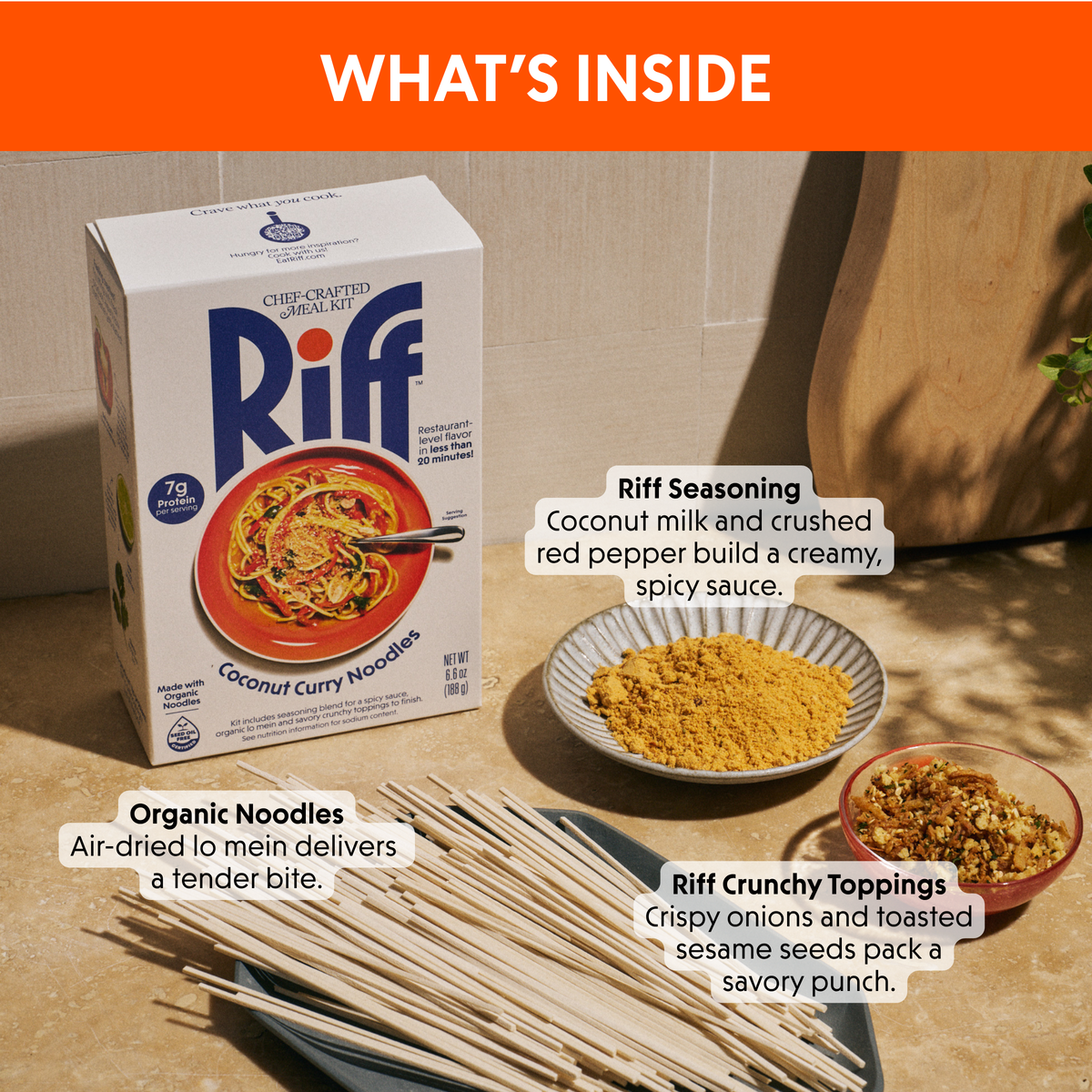 "What's Inside" panel for Riff Coconut Curry Noodles showing a box of the meal kit next to dry lo mein noodles, a bowl of coconut curry seasoning, and a dish of crunchy topping, each labeled with a description of its role in the dish.