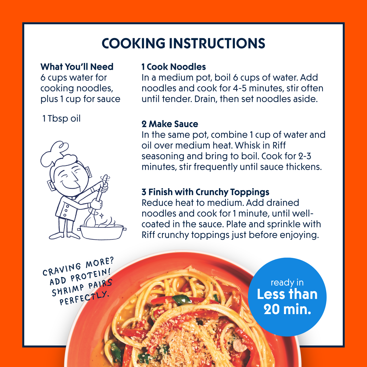 Cooking instructions card for Riff Coconut Curry Noodles listing ingredients needed, three numbered steps to cook the noodles, make the sauce, and finish with crunchy toppings, an illustration of a chef stirring a pot, and a photo of the plated noodle dish on an orange plate.