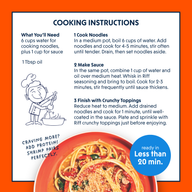 Cooking instructions card for Riff Coconut Curry Noodles listing ingredients needed, three numbered steps to cook the noodles, make the sauce, and finish with crunchy toppings, an illustration of a chef stirring a pot, and a photo of the plated noodle dish on an orange plate.