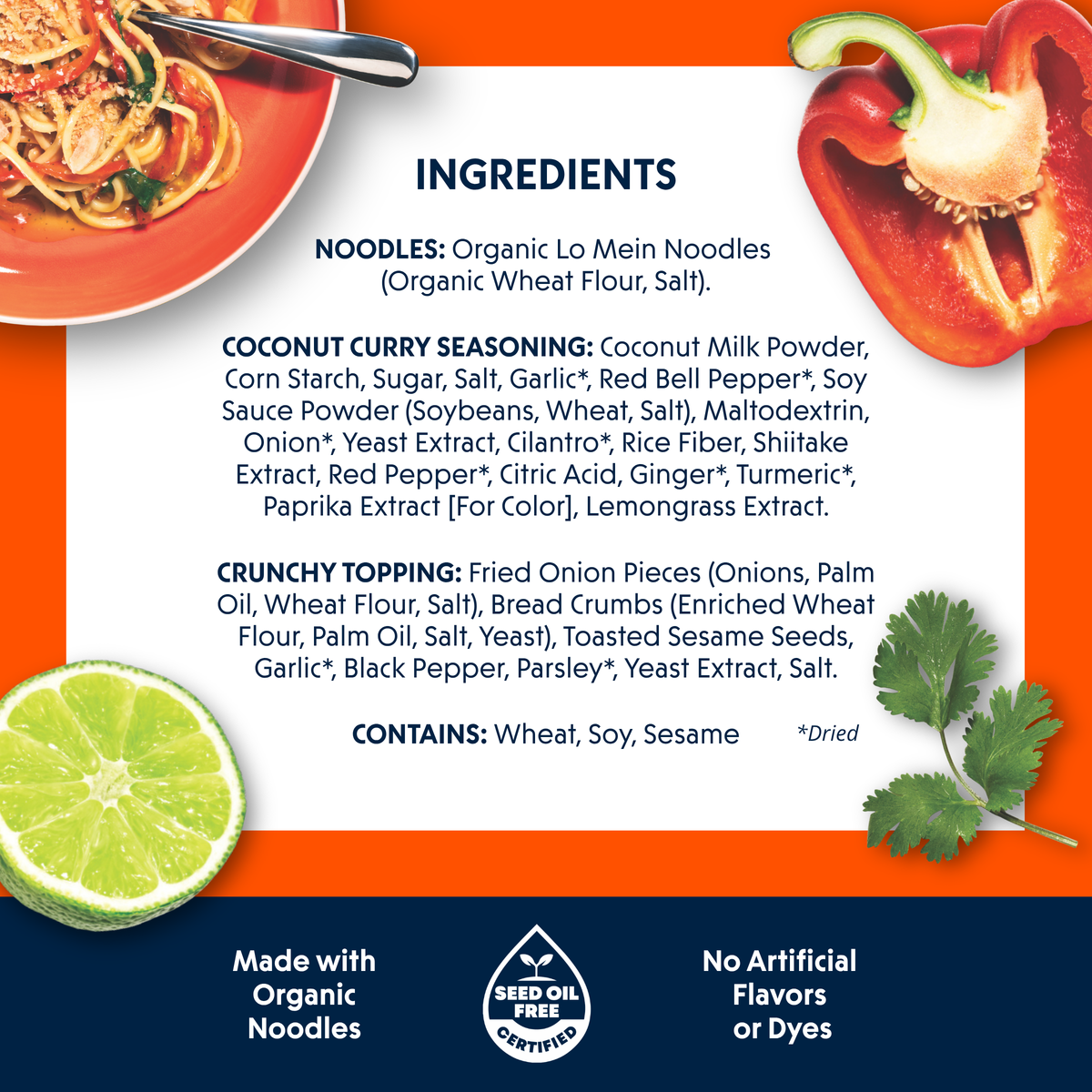 Ingredients panel from a Riff Coconut Curry Noodles box on an orange background, listing organic lo mein noodles, coconut curry seasoning, and crunchy topping ingredients, with photos of the plated dish, a halved red bell pepper, a lime, and cilantro.