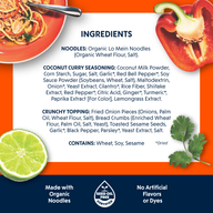Ingredients panel from a Riff Coconut Curry Noodles box on an orange background, listing organic lo mein noodles, coconut curry seasoning, and crunchy topping ingredients, with photos of the plated dish, a halved red bell pepper, a lime, and cilantro.