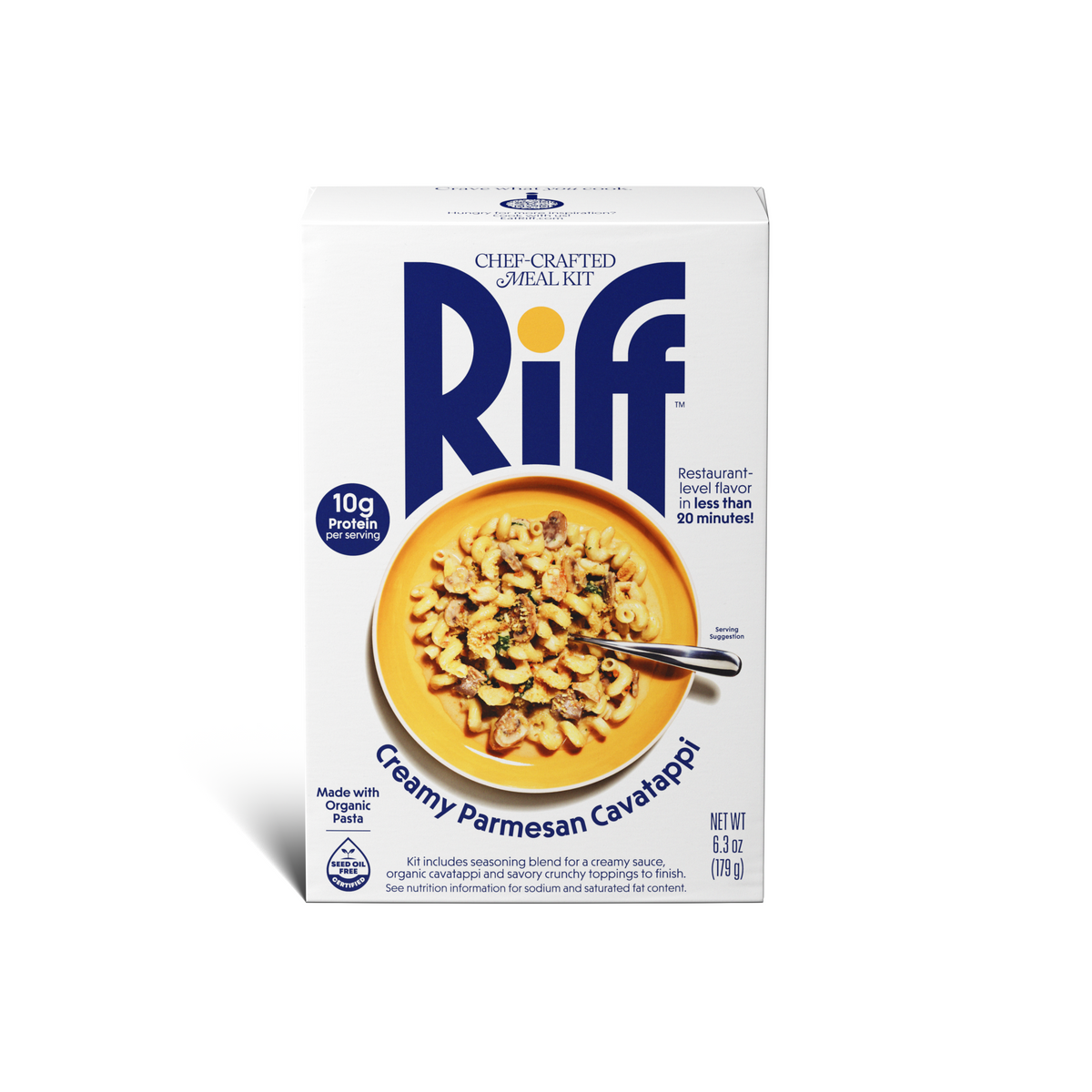 A box of Riff Creamy Parmesan Cavatappi chef-crafted meal kit, featuring a white box with blue branding and a photo of the prepared pasta dish on the front.