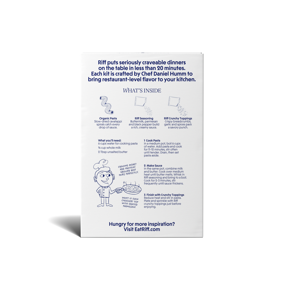 Back of a Riff Creamy Parmesan Cavatappi chef-crafted meal kit box describing the brand, a "What's Inside" section covering the organic pasta, seasoning, and crunchy toppings, cooking instructions, and a hand-drawn illustration of a chef holding a skillet of pasta.
