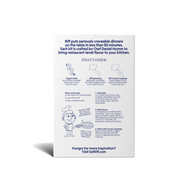 Back of a Riff Creamy Parmesan Cavatappi chef-crafted meal kit box describing the brand, a "What's Inside" section covering the organic pasta, seasoning, and crunchy toppings, cooking instructions, and a hand-drawn illustration of a chef holding a skillet of pasta.