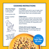 Cooking instructions card for Riff Creamy Parmesan Cavatappi listing ingredients needed, three numbered steps to cook the pasta, make the sauce, and finish with crunchy toppings, an illustration of a chef stirring a pot, and a photo of the plated cavatappi dish on a yellow plate.