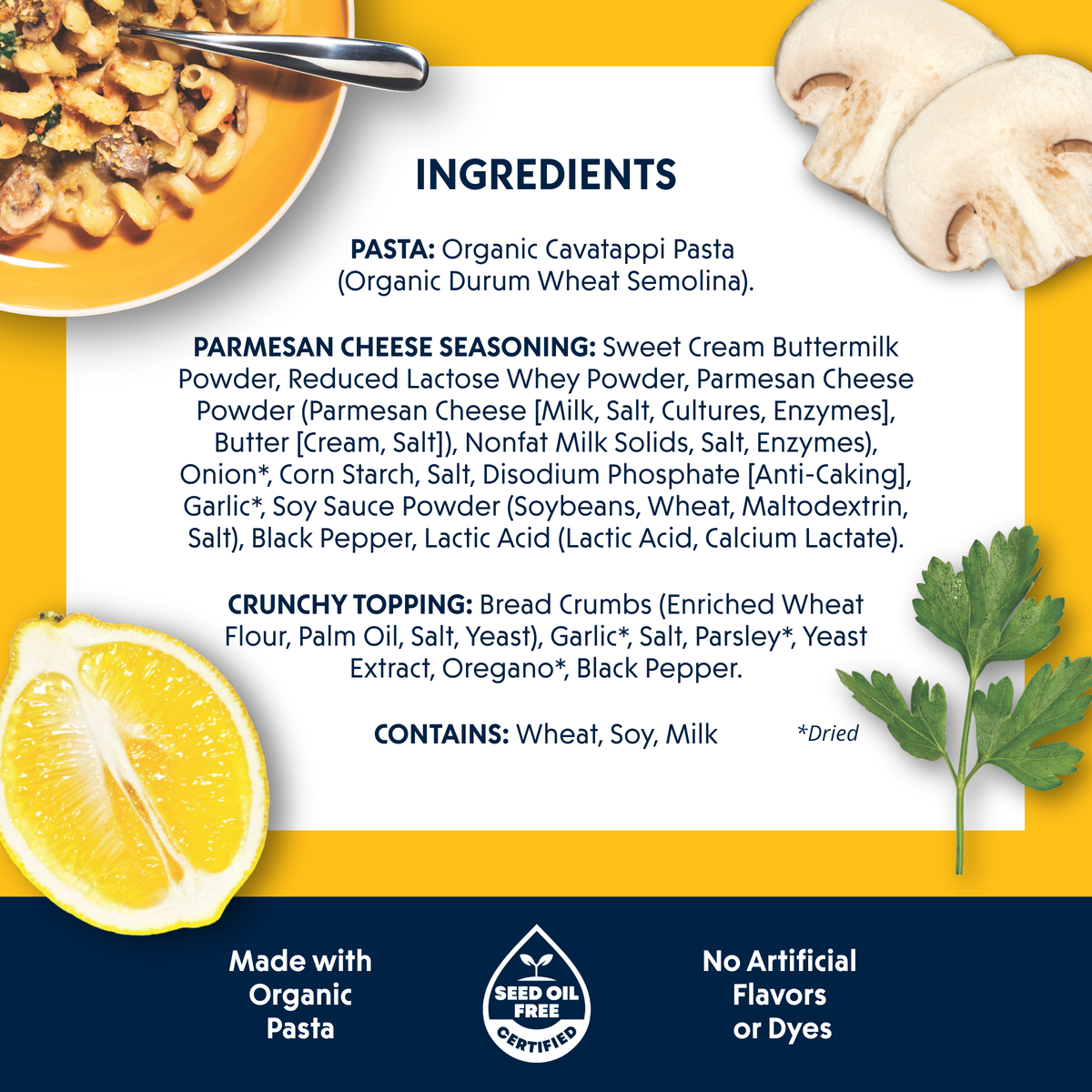 Ingredients panel from a Riff Creamy Parmesan Cavatappi box on a yellow background, listing organic cavatappi pasta, parmesan cheese seasoning, and crunchy topping ingredients, with photos of the plated dish, mushrooms, a lemon, and parsley.