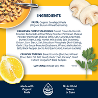 Ingredients panel from a Riff Creamy Parmesan Cavatappi box on a yellow background, listing organic cavatappi pasta, parmesan cheese seasoning, and crunchy topping ingredients, with photos of the plated dish, mushrooms, a lemon, and parsley.