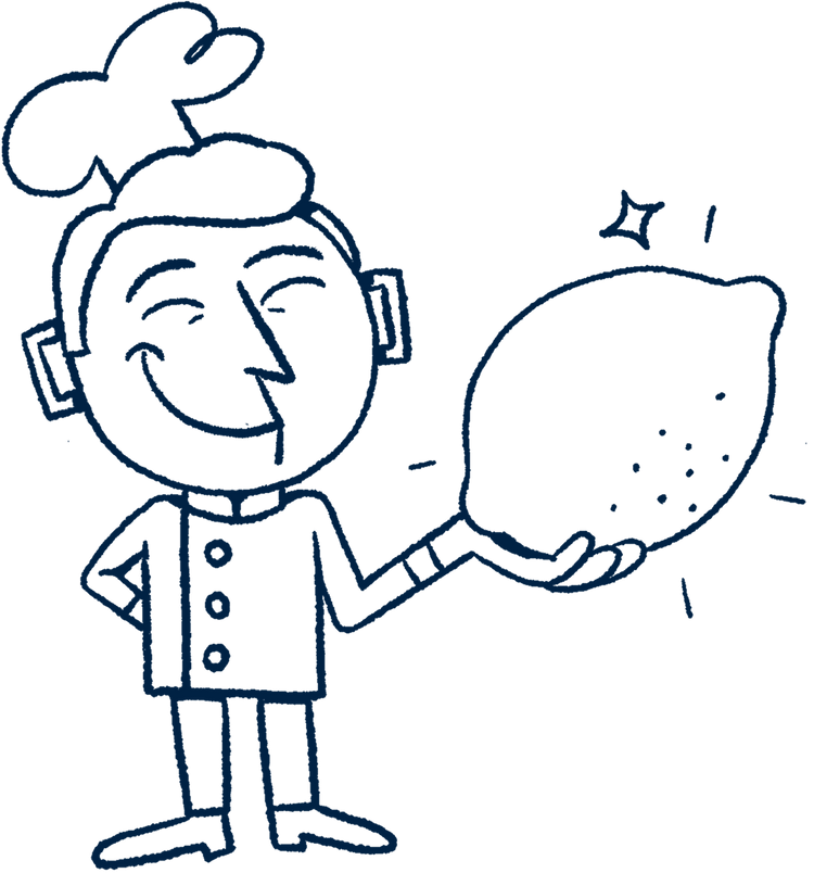 Hand-drawn illustration of a Riff chef character smiling and holding up a large lemon with sparkle accents.