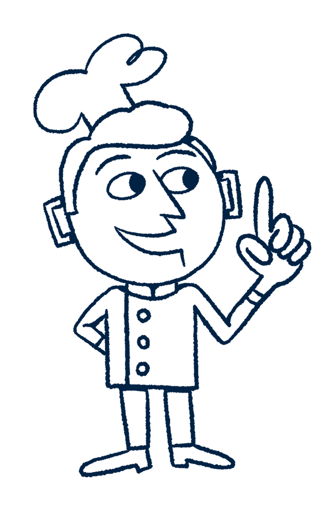 Hand-drawn illustration of a chef character in a chef's hat and jacket, pointing one finger up with a smiling expression.