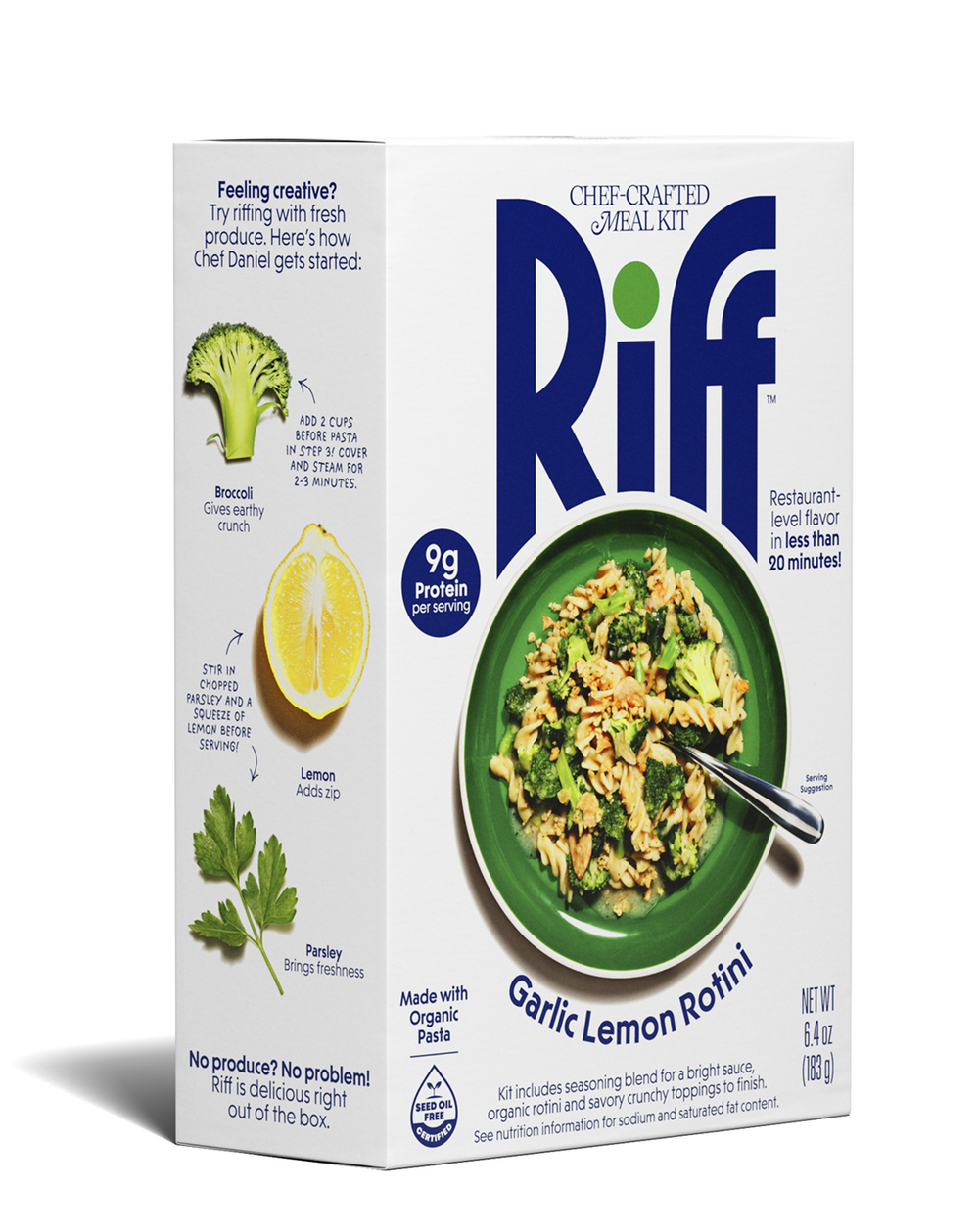 Angled view of a Riff Garlic Lemon Rotini chef-crafted meal kit box, featuring a green bowl of rotini pasta with broccoli and a spoon resting in the dish.