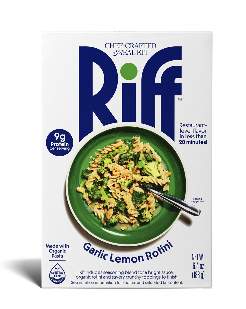 Front of a Riff Garlic Lemon Rotini chef-crafted meal kit box shown straight-on, featuring a green bowl of rotini pasta with broccoli and a spoon resting in the dish.