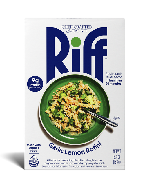Front of a Riff Garlic Lemon Rotini chef-crafted meal kit box shown straight-on, featuring a green bowl of rotini pasta with broccoli and a spoon resting in the dish.