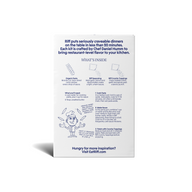 Back of a Riff Garlic Lemon Rotini chef-crafted meal kit box describing the brand, a "What's Inside" section covering the organic pasta, seasoning, and crunchy toppings, cooking instructions, and a hand-drawn illustration of a chef juggling sausages.
