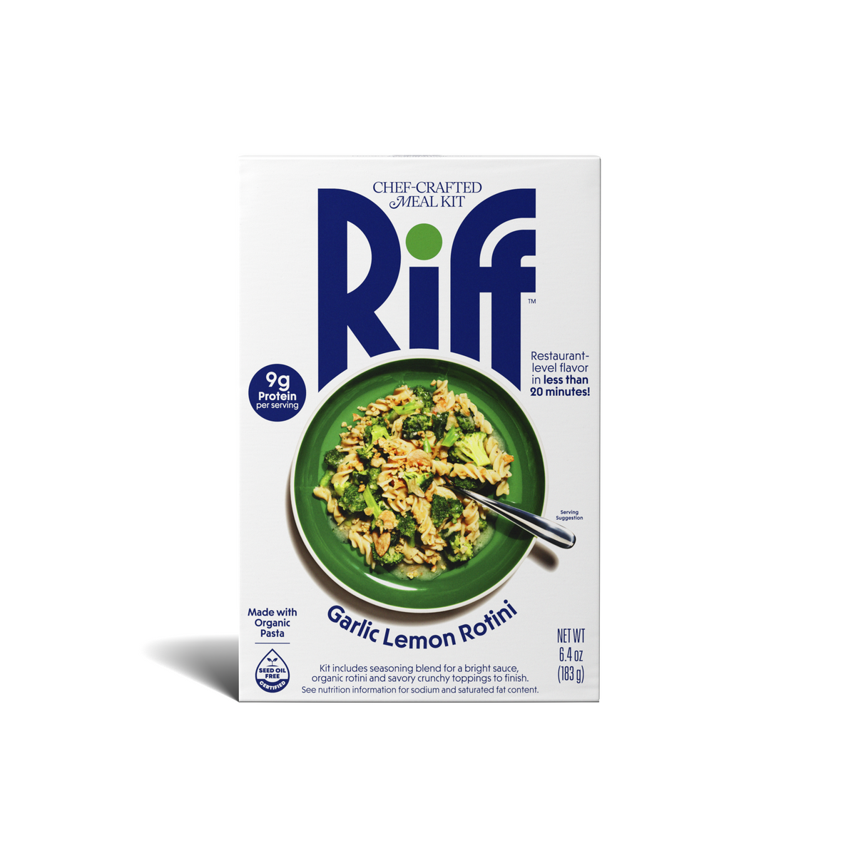 Front of a Riff Garlic Lemon Rotini chef-crafted meal kit box, featuring a green bowl of rotini pasta with broccoli and a fork, and text noting 9g protein per serving and restaurant-level flavor in less than 20 minutes.