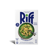 Front of a Riff Garlic Lemon Rotini chef-crafted meal kit box, featuring a green bowl of rotini pasta with broccoli and a fork, and text noting 9g protein per serving and restaurant-level flavor in less than 20 minutes.