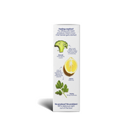 Side panel of a Riff Garlic Lemon Rotini chef-crafted meal kit box with hand-drawn illustrations of broccoli, lemon, and parsley, each labeled with the flavor it adds, under the heading "Feeling creative? Try riffing with fresh produce. Here's how Chef Daniel gets started."