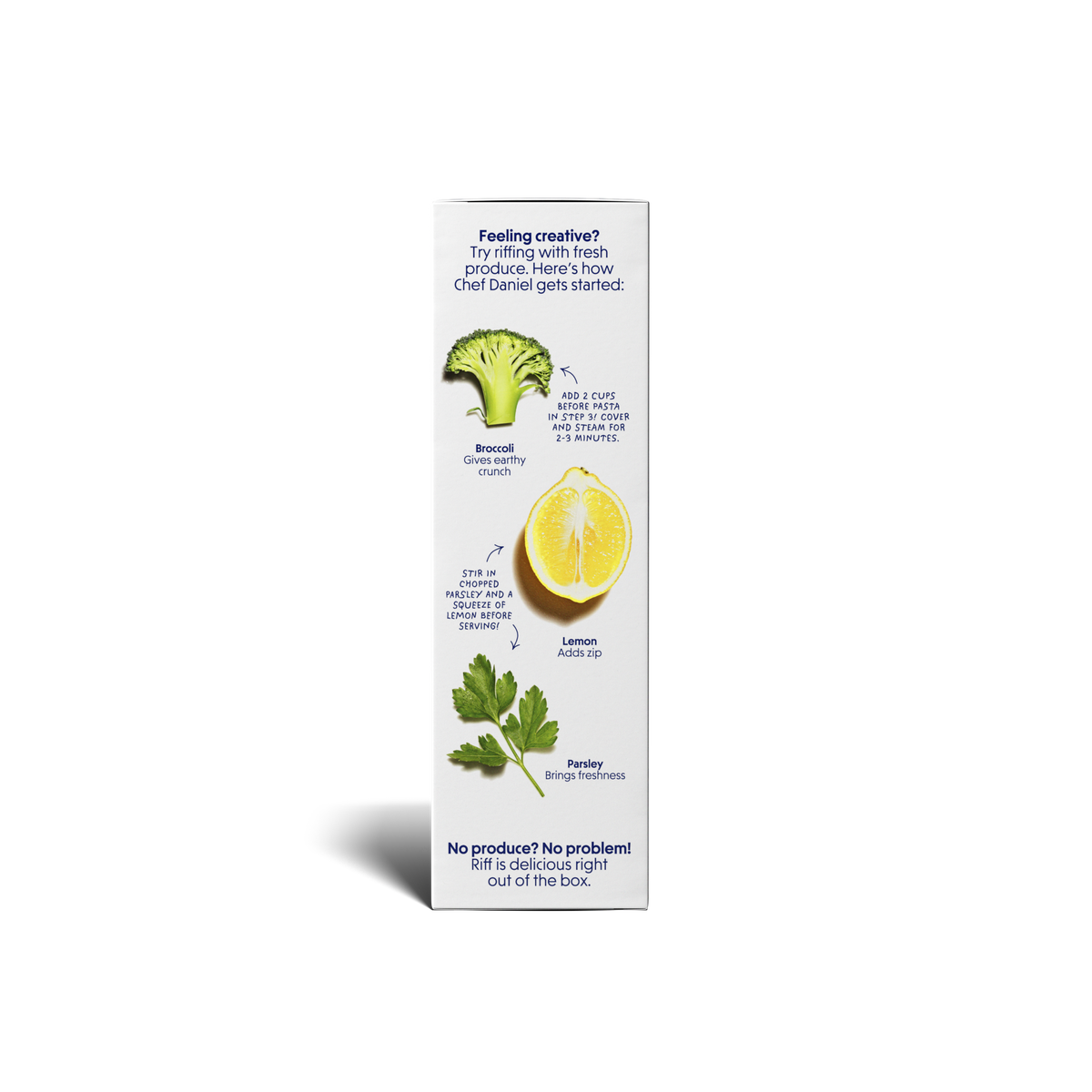 The side of a Riff box with ingredient illustrations, including broccoli, lemon, and parsley, shown on a clean white background.