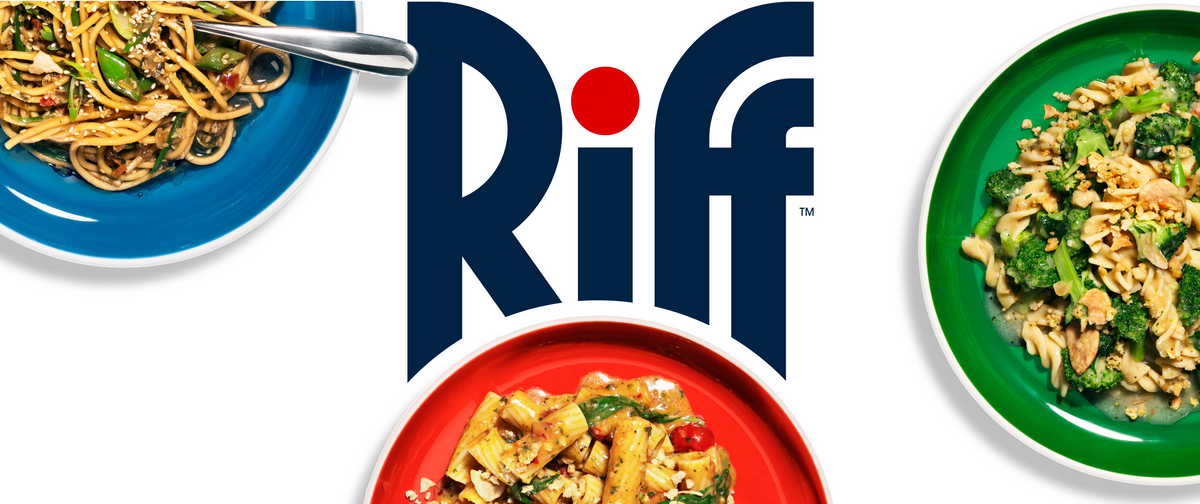 The Riff logo in navy lettering with a red dot, flanked by overhead views of sesame ginger noodles on a blue plate, spicy tomato rigatoni on a red plate, and rotini with broccoli on a green plate.