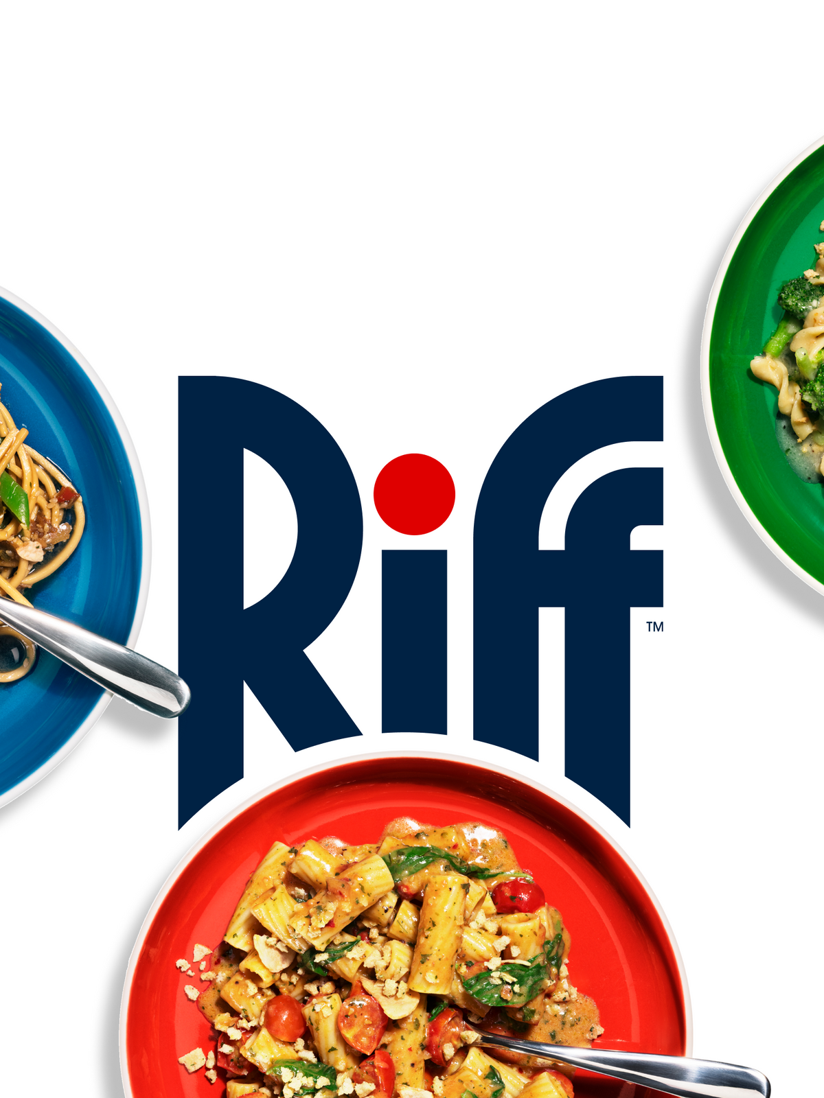 The Riff logo in navy lettering with a red dot, surrounded by overhead views of three plates of prepared pasta: sesame ginger noodles on a blue plate, pasta with broccoli on a green plate, and rigatoni on a red plate.