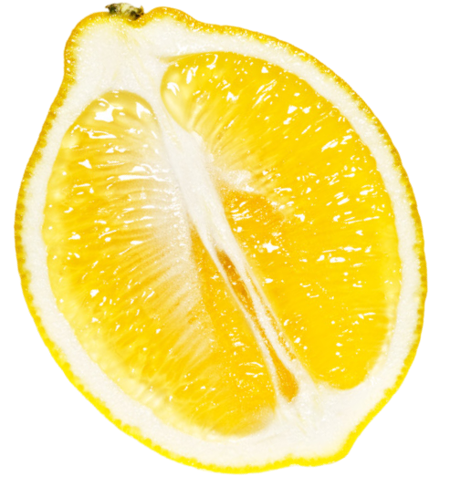 A lemon cut in half showing its yellow flesh, on a transparent background.