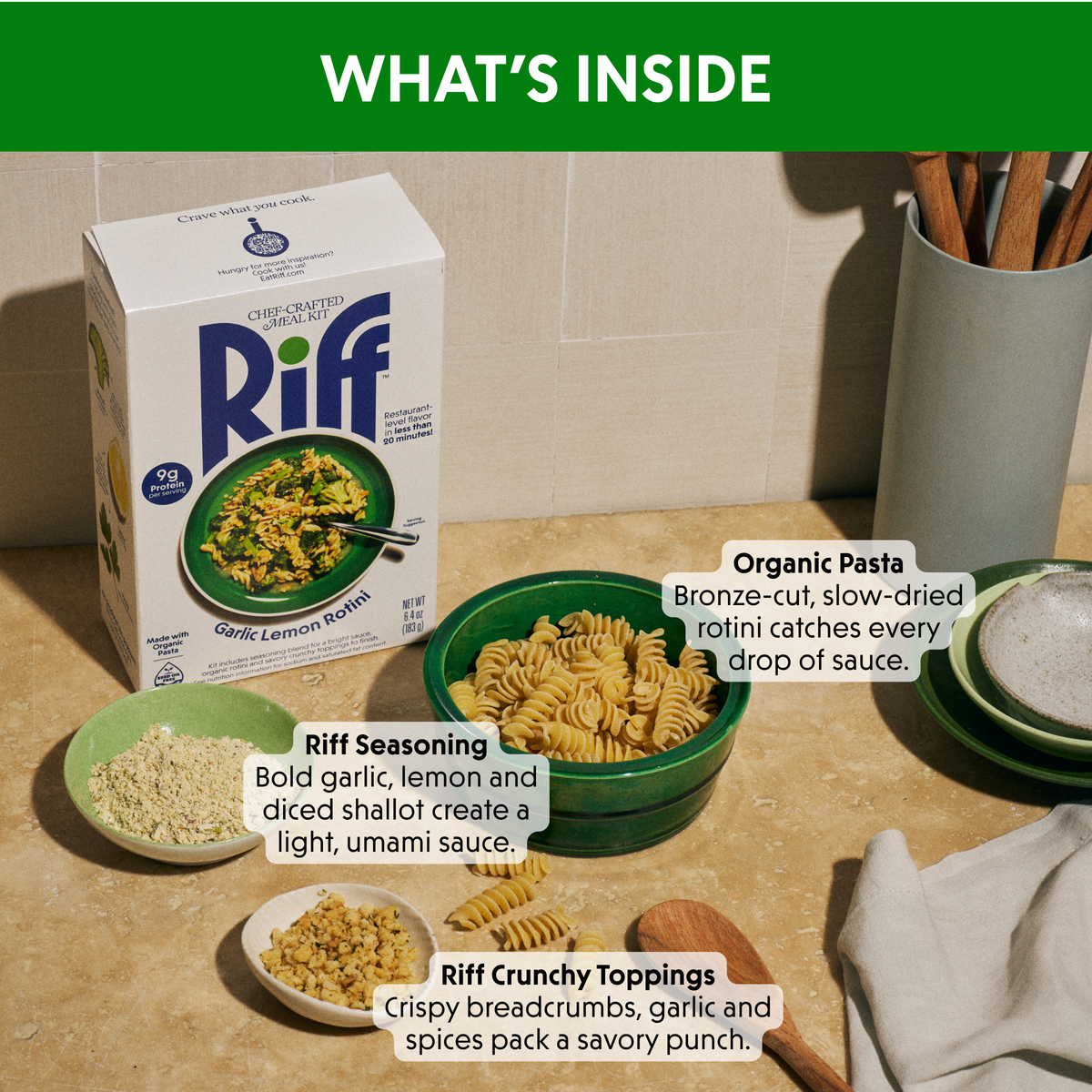 "What's Inside" panel showing a Riff Garlic Lemon Rotini chef-crafted meal kit box next to bowls of organic rotini pasta, Riff seasoning, and crunchy toppings on a kitchen counter, each labeled with a description of its role in the dish.