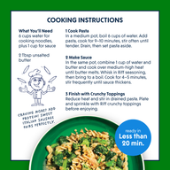 Cooking instructions panel from a Riff Garlic Lemon Rotini box on a green background, listing what you'll need, steps to cook pasta, make the sauce, and finish with crunchy toppings, alongside a hand-drawn illustration of a chef juggling sausages and a photo of the plated dish.