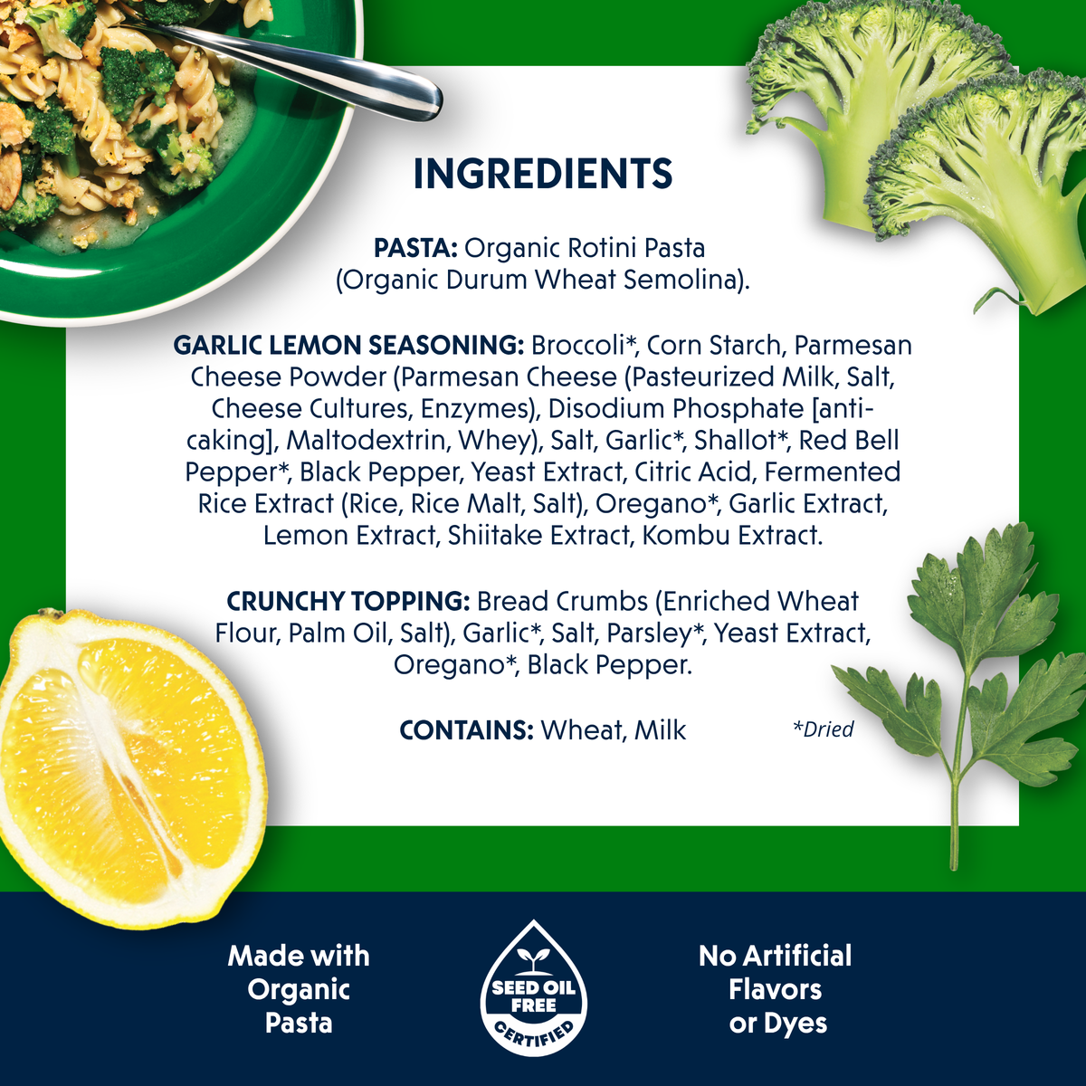Ingredients panel from a Riff Garlic Lemon Rotini box on a green background, listing organic rotini pasta, garlic lemon seasoning, and crunchy topping ingredients, with photos of the plated dish, broccoli, a lemon, and parsley.