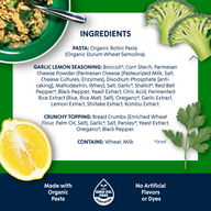 Ingredients panel from a Riff Garlic Lemon Rotini box on a green background, listing organic rotini pasta, garlic lemon seasoning, and crunchy topping ingredients, with photos of the plated dish, broccoli, a lemon, and parsley.