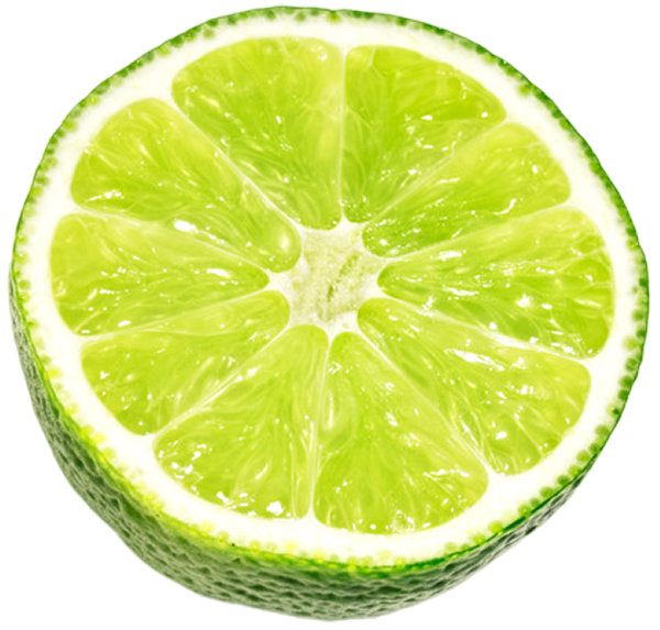 A lime cut in half showing its bright green flesh, on a transparent background.