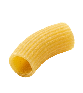 A single ridged tube of rigatoni pasta on a plain white background.