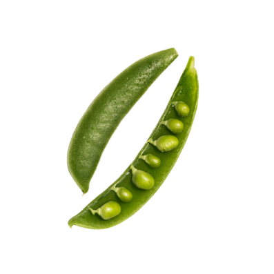 An open snap pea pod showing the peas inside, on a transparent background.