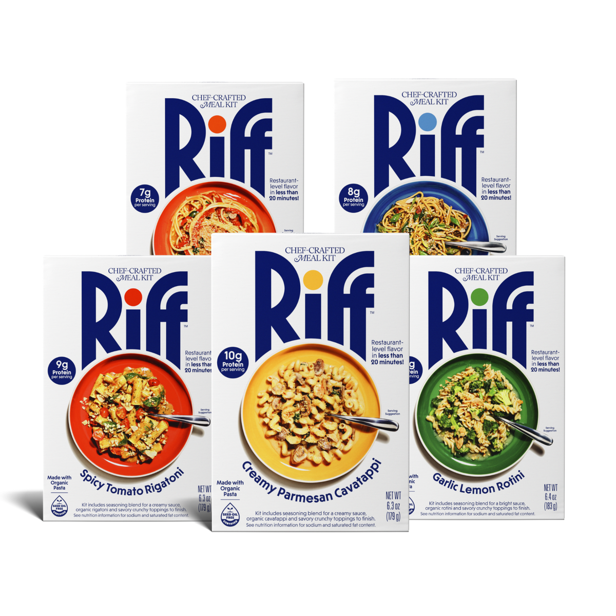Five Riff chef-crafted meal kit boxes arranged in a studio setup, including Spicy Tomato Rigatoni, Sesame Ginger Noodles, Creamy Parmesan Cavatappi, and Garlic Lemon Rotini, plus a fifth box with a red plate of spaghetti in tomato sauce partially hidden behind the others.
