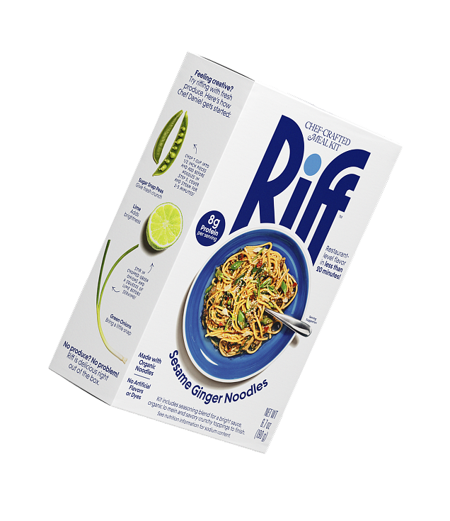 A Riff Sesame Ginger Noodles chef-crafted meal kit box shown at an angle, revealing both the front plated-dish photo and the side panel with fresh sugar snap pea, lime, and green onion riffing suggestions.